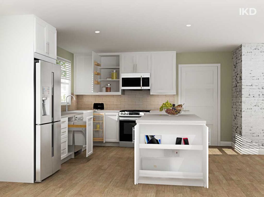 White modern kitchen with opened cabinets