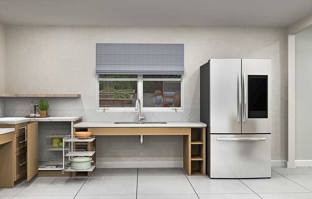 Lower countertops help make this universal kitchen ADA-compliant