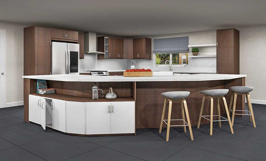 Outside of kitchen island with a living area feel, cabinets and shelves, and kitchen and dining storage