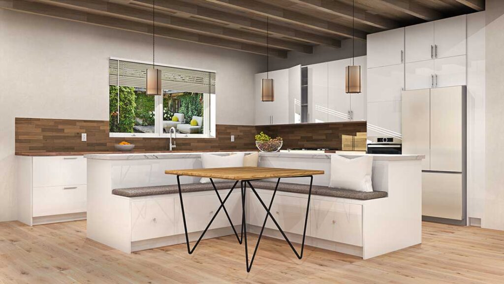 banquette island with KARLBY butcher block countertops around the perimeter and EKBACKEN in white marble