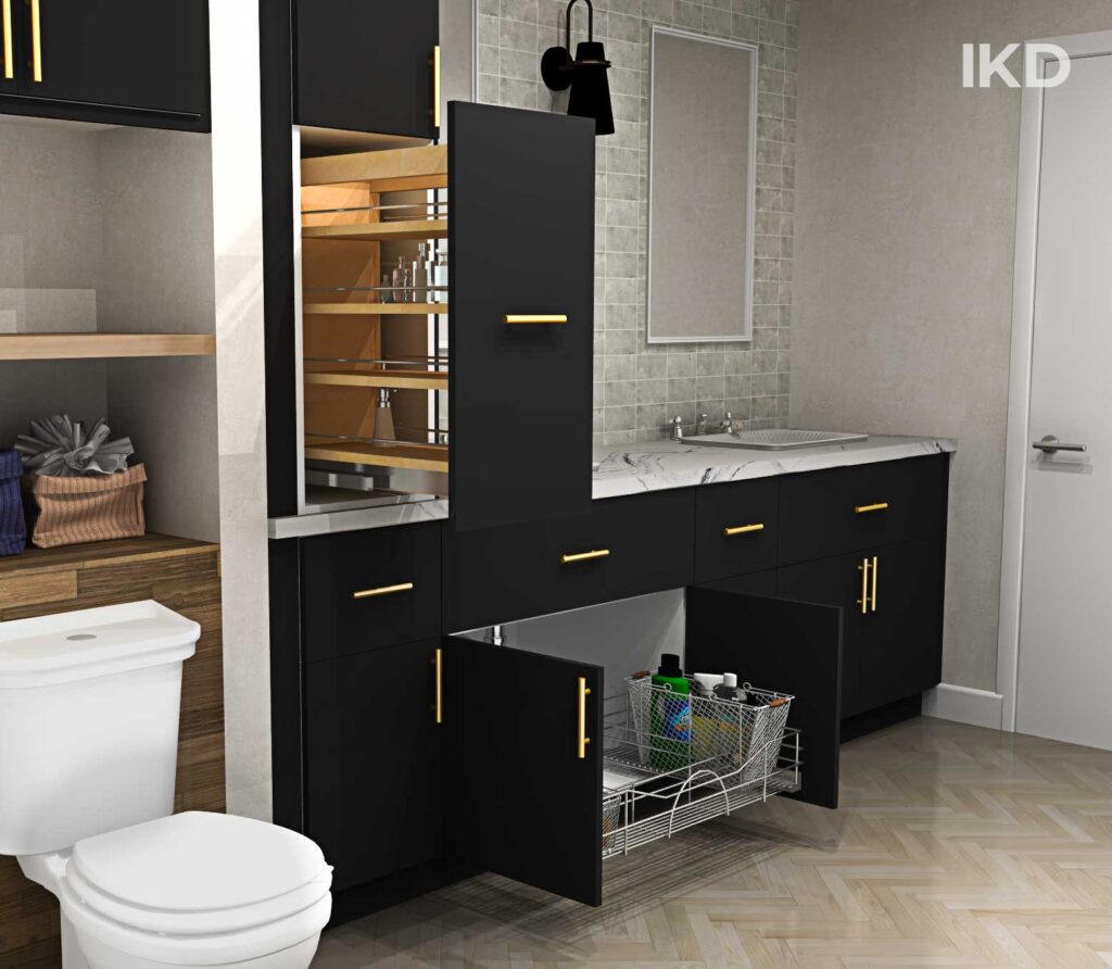 galley bathroom concept with smaller bathroom cabinet configuration