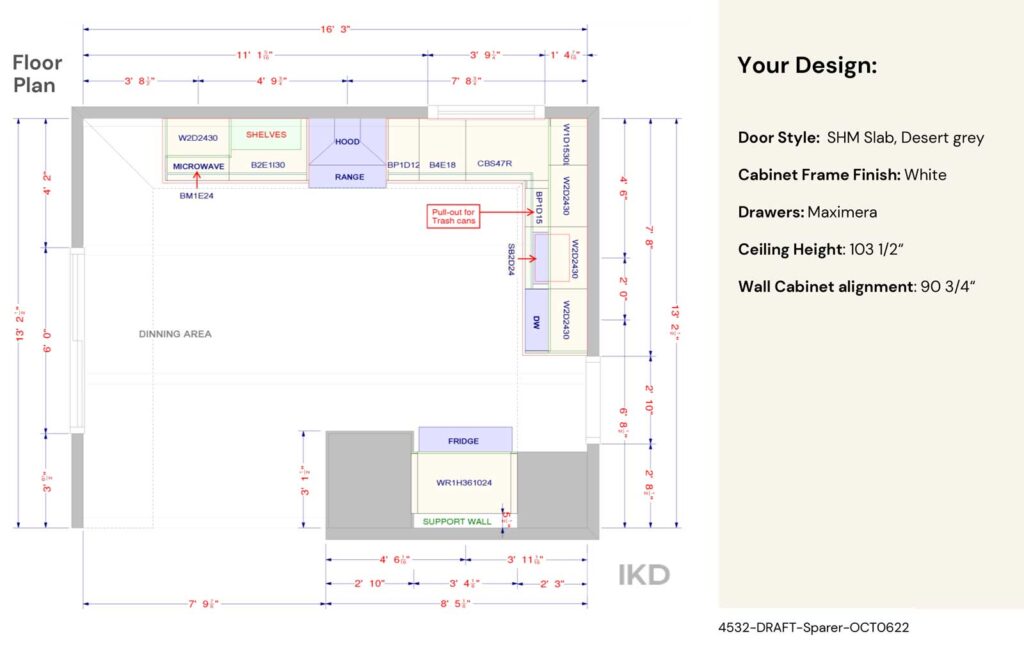 Floor plan and measurements for L-shaped IKEA kitchen