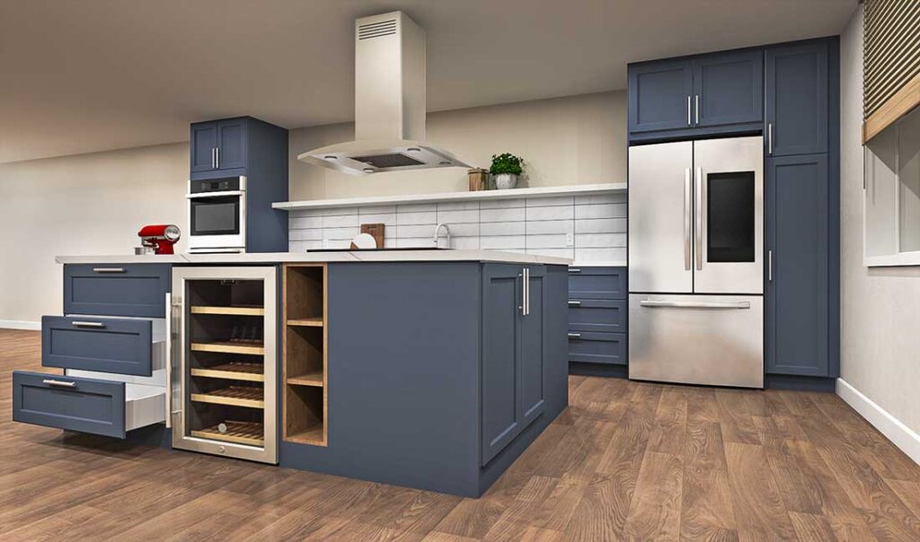 Kitchen island with AXSTAD matte blue doors and marble effect countertops