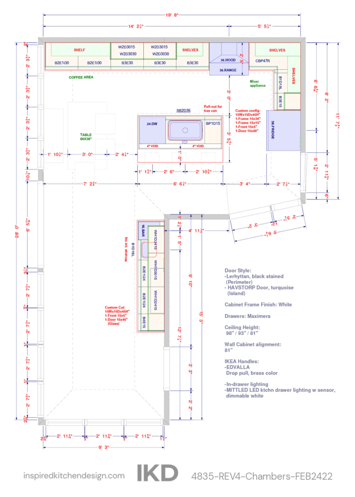 Design and measurements for an L-shaped IKEA kitchen renovation, which included a bar area with sink