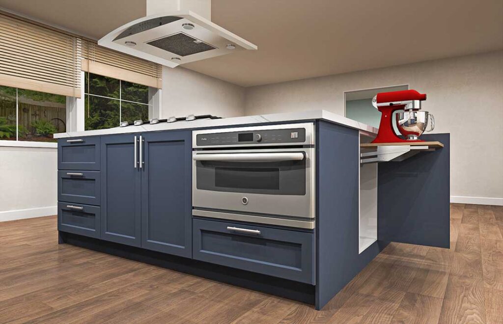 Martha’s kitchen island with a cooking station, wine bar, and an area for baking prep