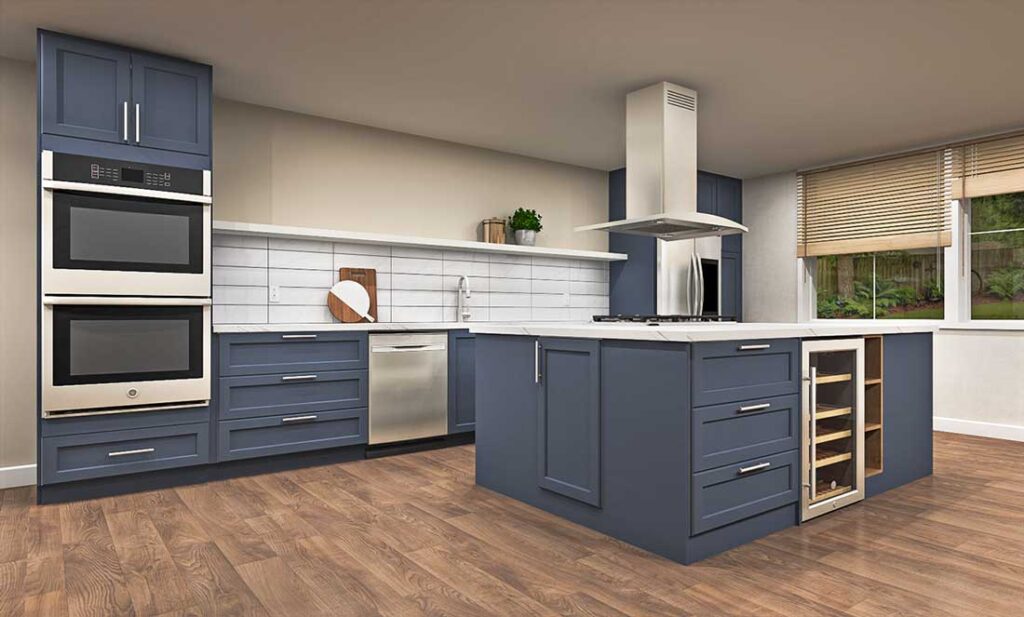 Kitchen with MAXIMERA drawers, SEKTION cabinet, wine fridge, VADHOLMA open storage for glasses, and three MAXIMERA drawers for additional storage