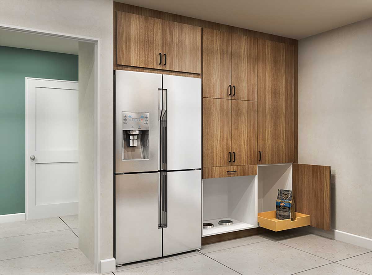 Dog food storage area and bowls next to fridge