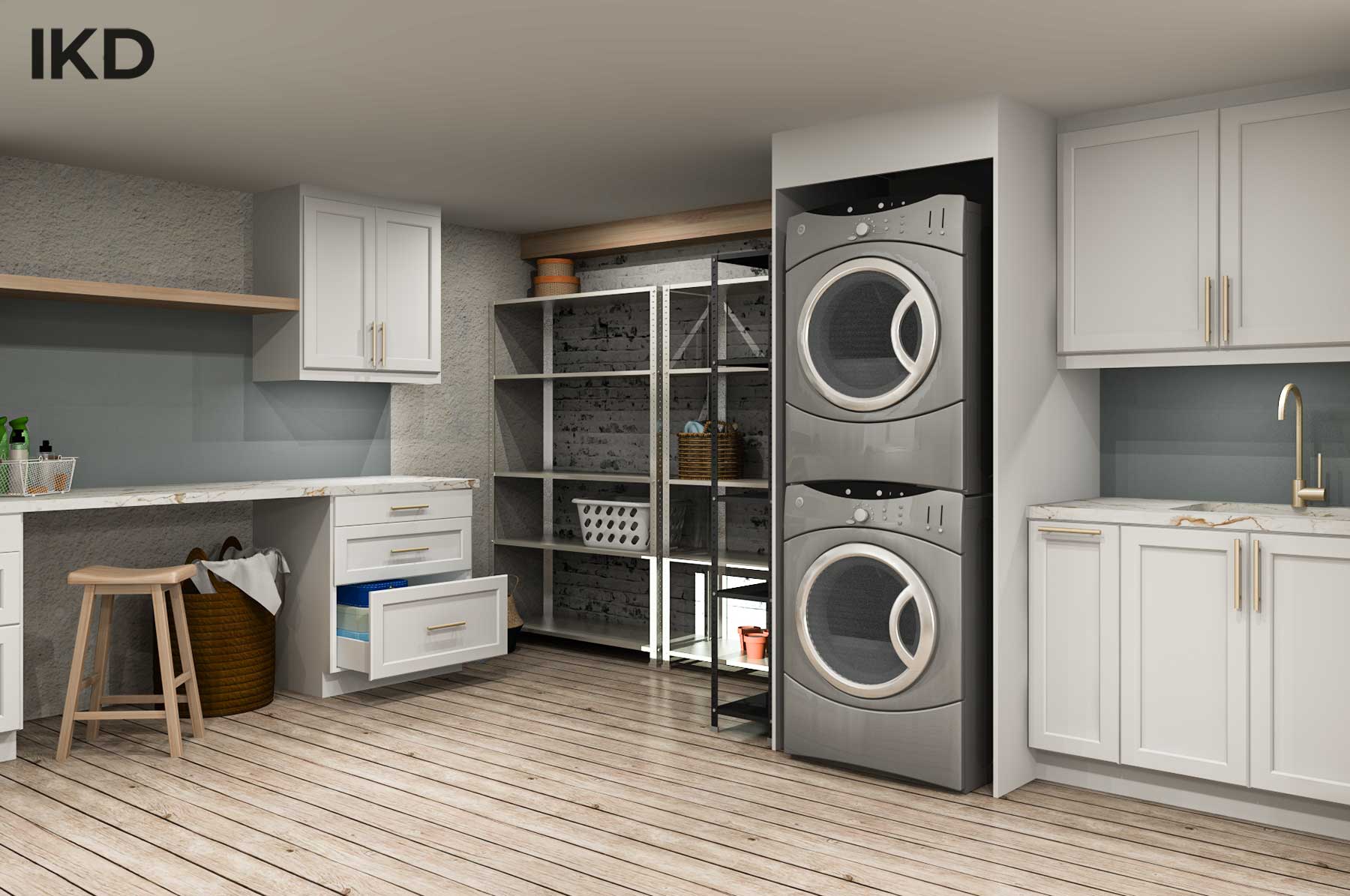 AXSTAD matt white, IKEA laundry room design with stacking washer and dryer
