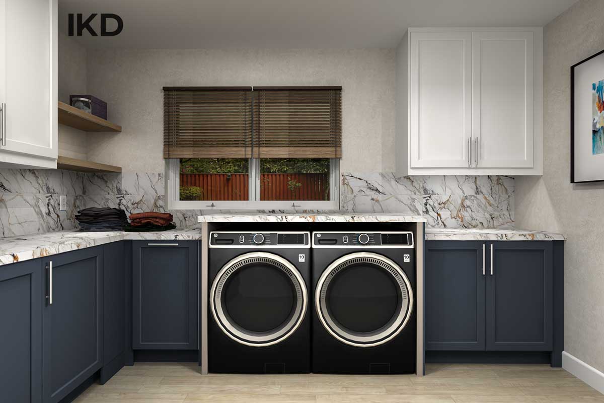 IKEA laundry room design showing a quartz countertop over washer and dryer