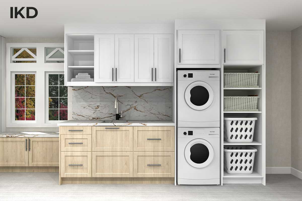 IKEA laundry room design showing countertop beside a stacking washer and dryer