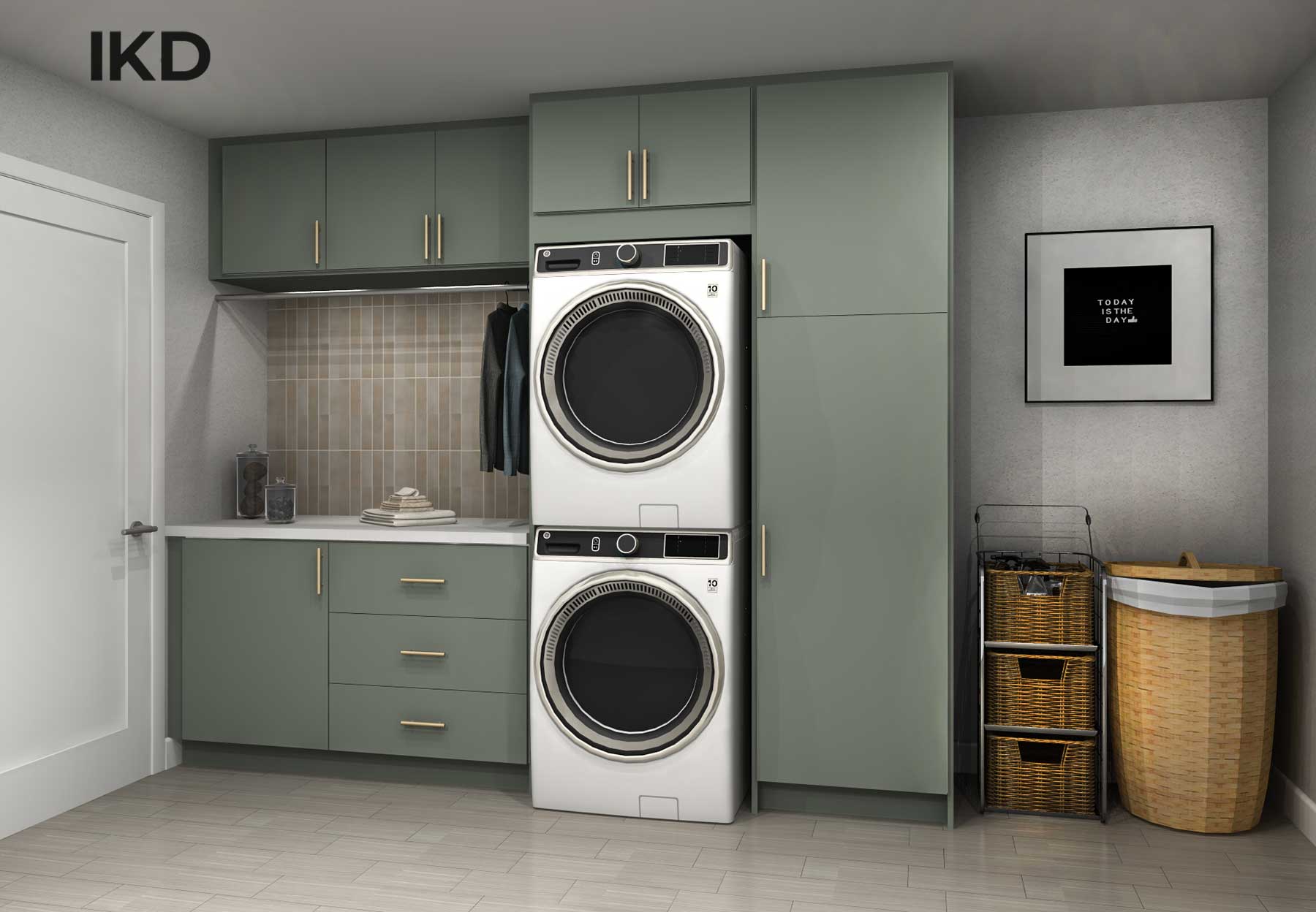 IKEA laundry room design with stacking washer and dryer, clothes rack, and floor-to-ceiling cabinets and drawers