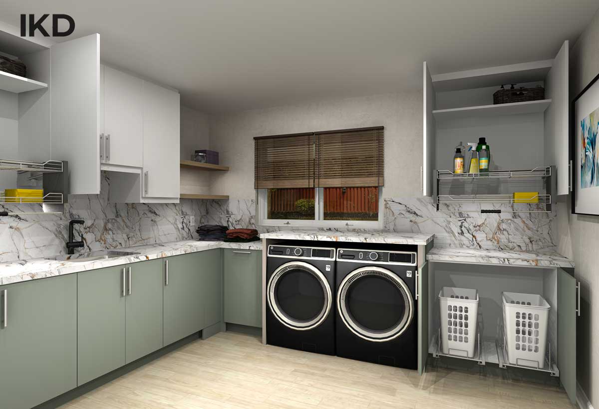 BODARP gray green and RINGHULT high gloss white, IKEA laundry room design showing a quartz countertop over washer and dryer