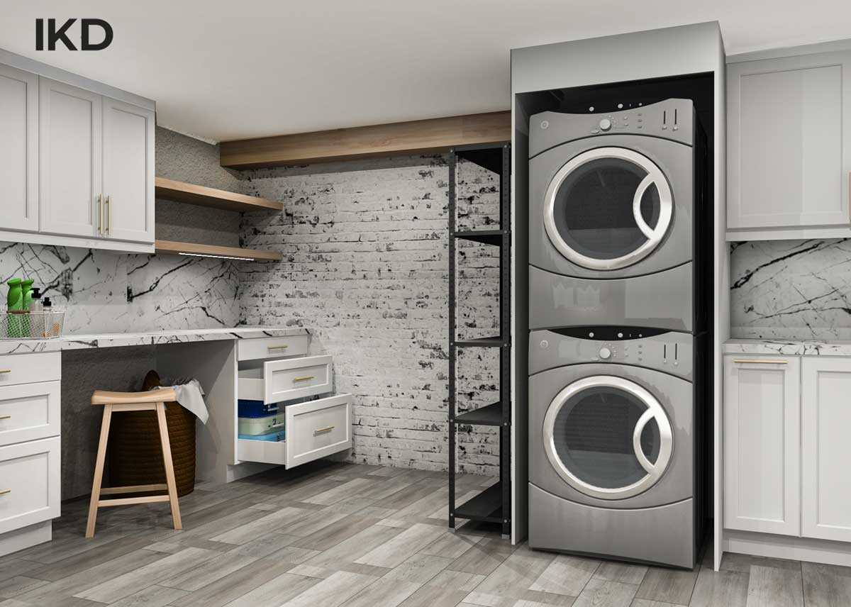 Small IKEA laundry room with a soffit along the ceiling and open shelving