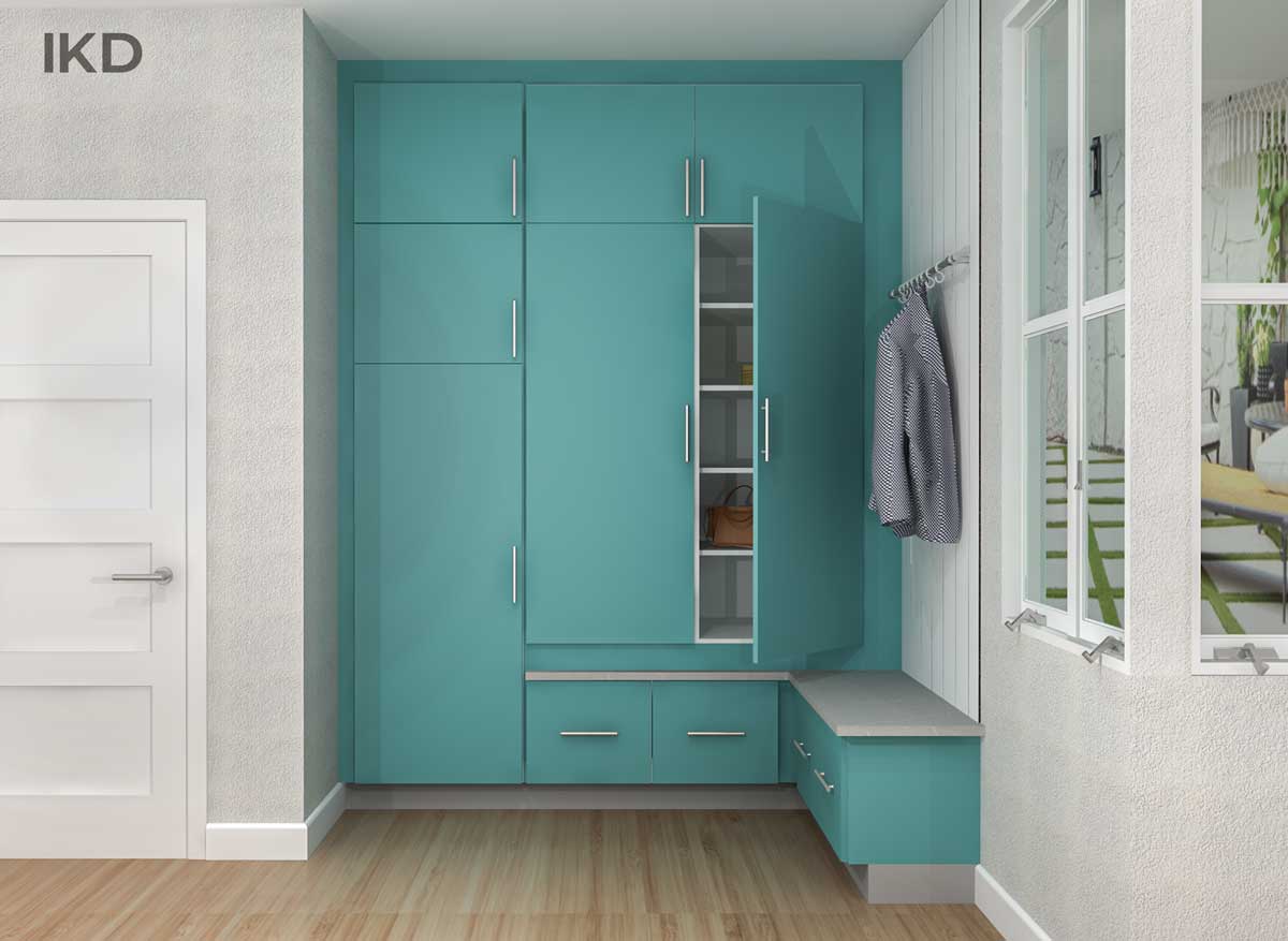 HAVSTORP cabinets in turquoise complemented by IKEA ECKBACKEN light gray countertops