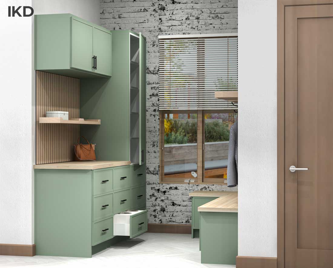 modern eclectic IKEA mudroom with Semihandmade’s SSS Quarterline Moss door fronts and IKEA PINNARP countertops