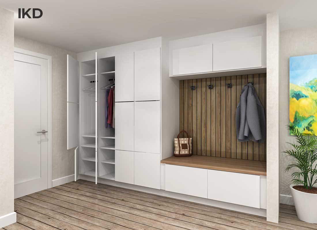 IKEA mudroom with IKEA VOXTORP cabinets in Matte White for the wall and upper cabinets, side view