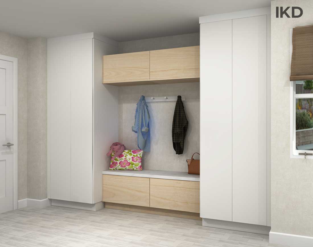 minimalist mudroom design using PAX and SEKTION cabinets