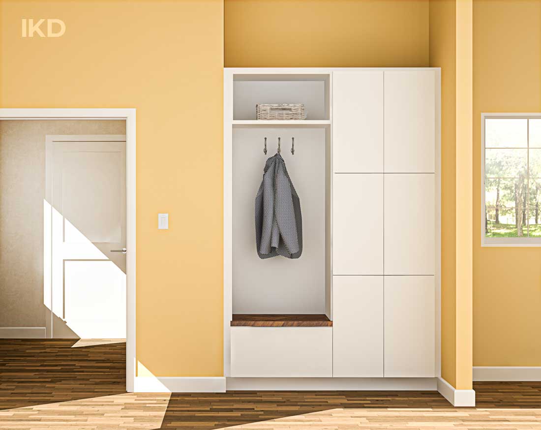 small IKEA mudroom with SEKTION cabinets and VOXTORP doors