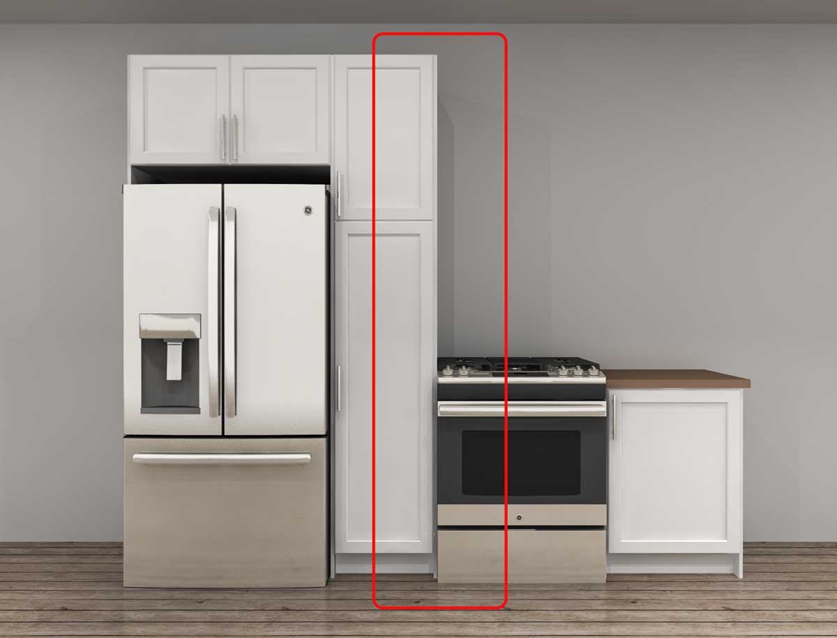 3D image of stove against tall IKEA cabinet