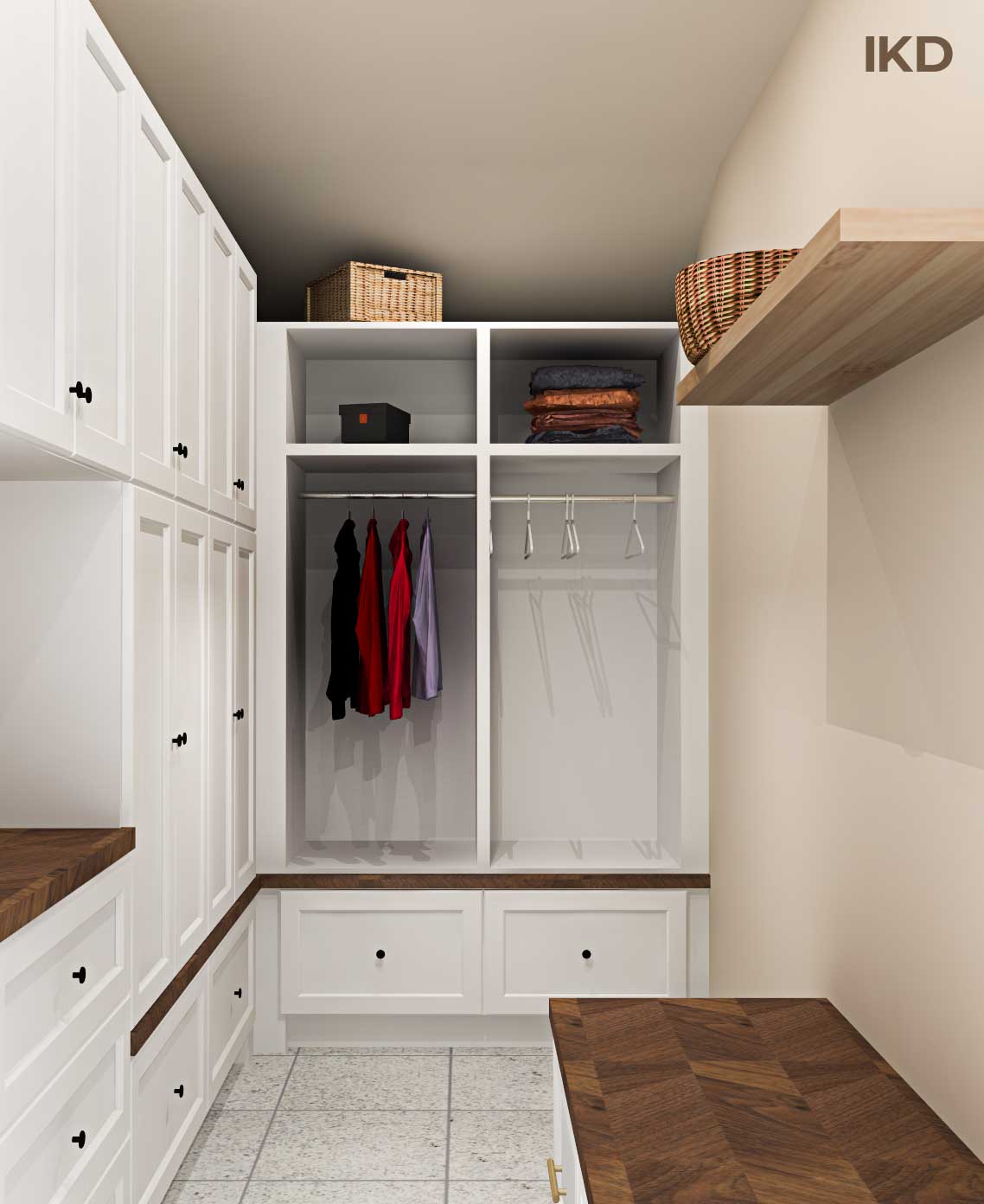 narrow IKEA mudroom with SEKTION cabinets and AXSTAD doors