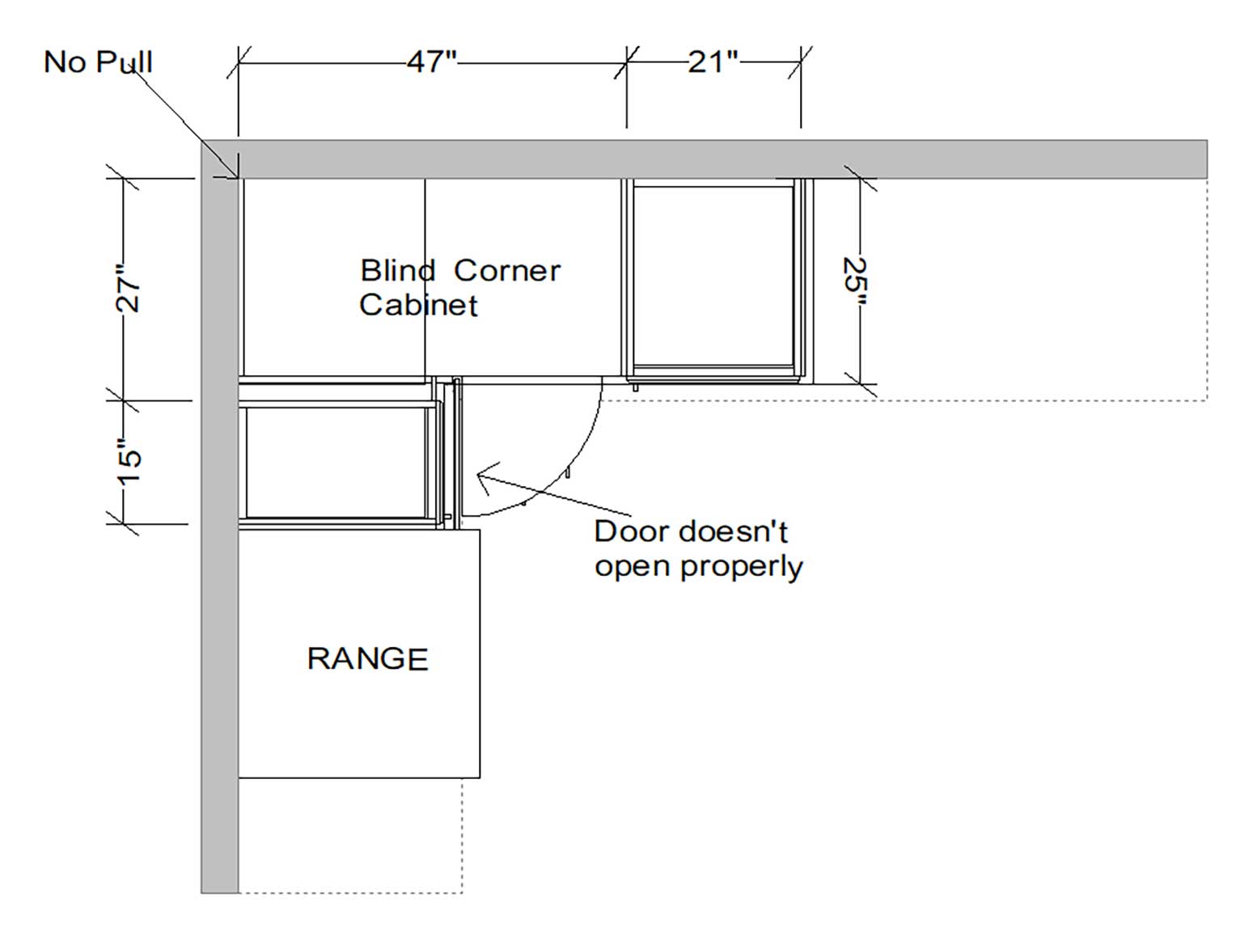 floor plan showing IKEA blind corner cabinet with no pull