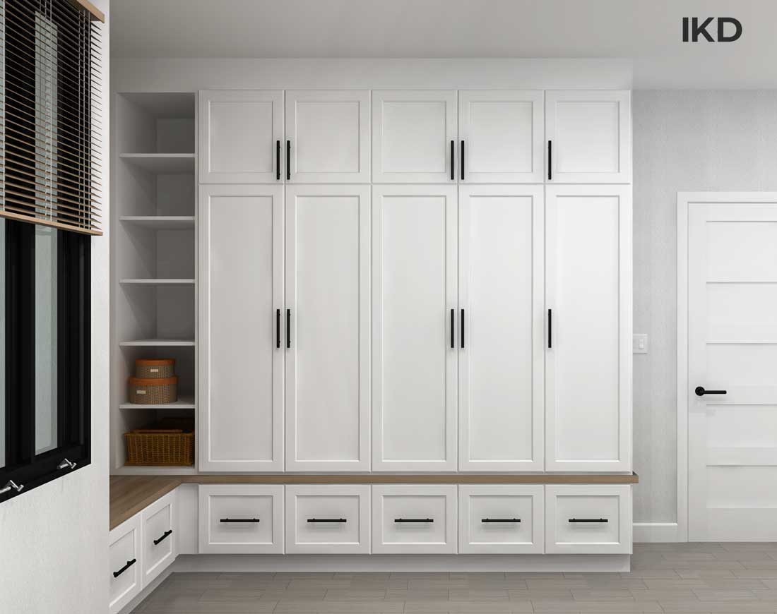 Mudroom with IKEA’s SEKTION kitchen system paired with IKEA’s ENKOPING door style in white wood