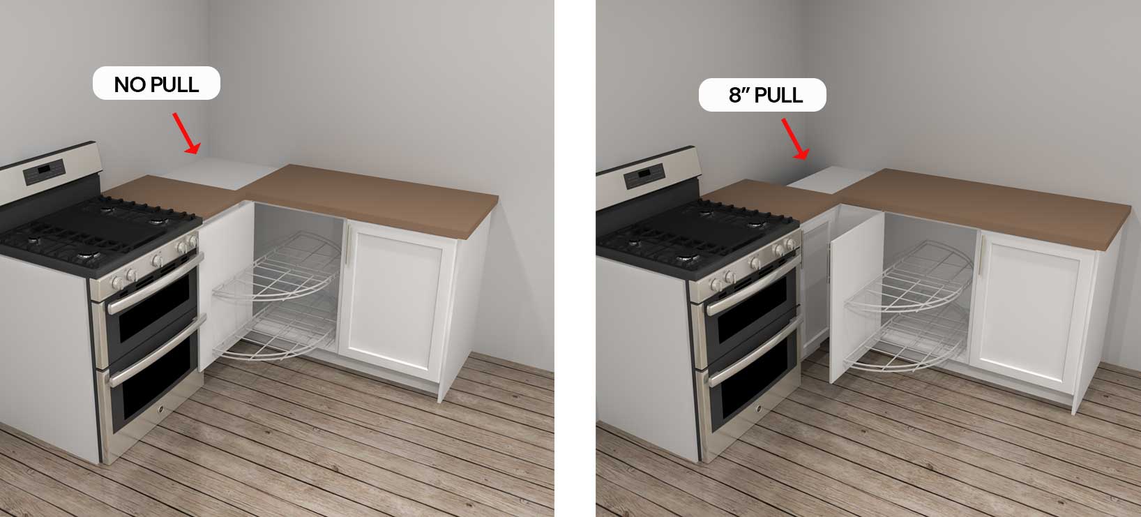 how a corner cabinet and accessory opens with no pull vs. 8” of pull