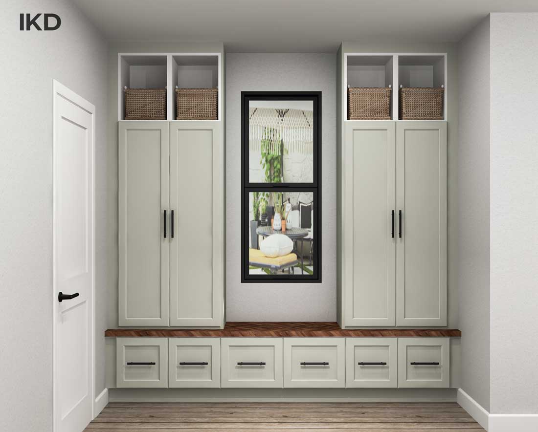Locker-style IKEA mudroom, front view