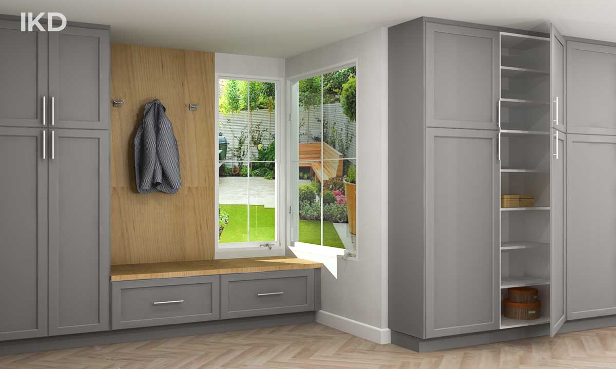 mudroom with gray cabinets and extra IKEA storage