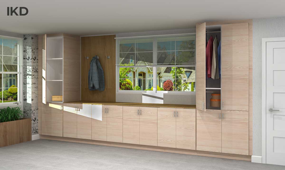 woodgrain mudroom cabinets in an IKEA mudroom design