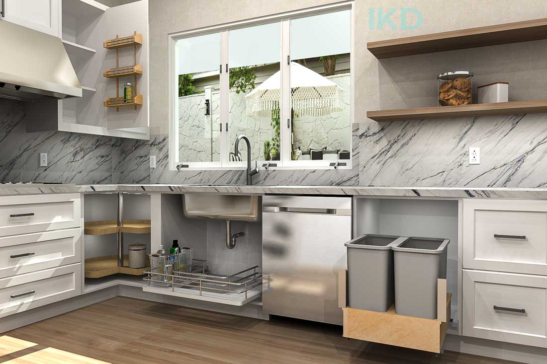 Kitchen Cabinets without doors showing different internal organizers
