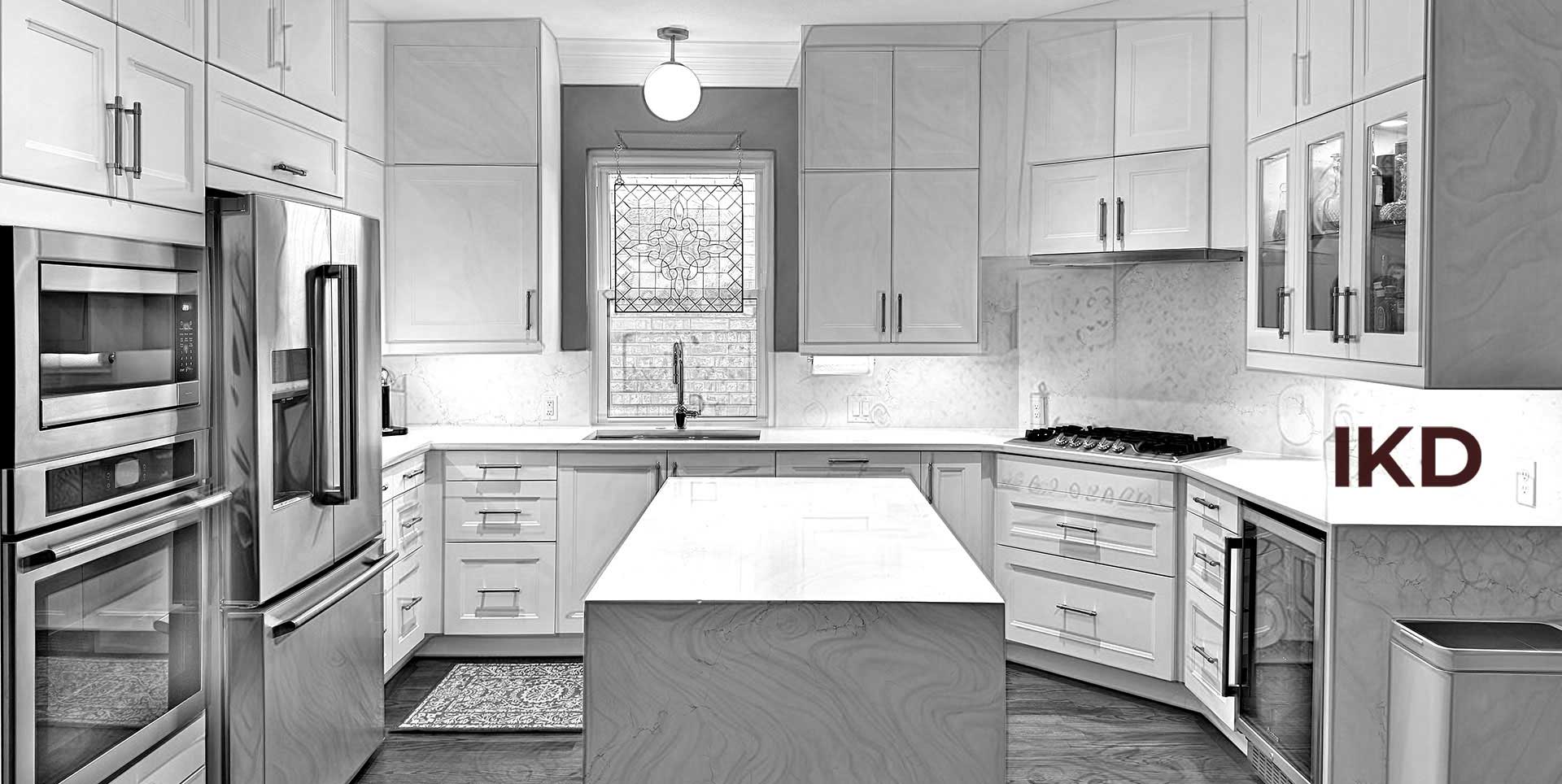 A grayscale IKEA kitchen design featuring white kitchen cabinets