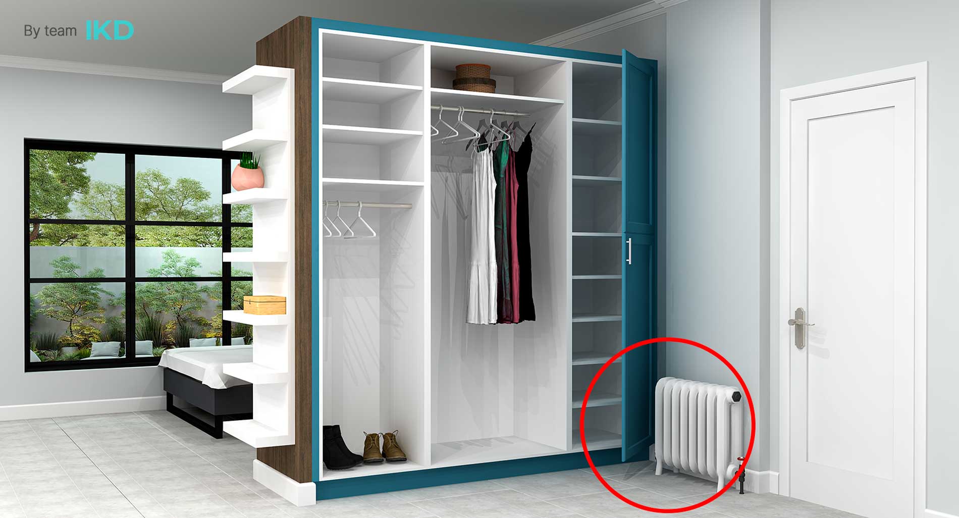Closet Design visual with a heater in the wrong place.